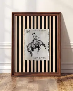 Cowboy Up Wall Art Print, Vintage Stamp Poster, Western Rodeo Decor with Stripes, Rustic Ranch Style Wall Print