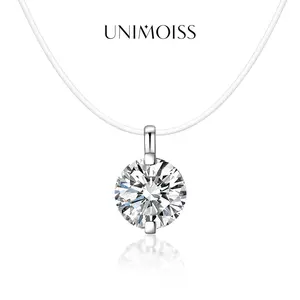 UniMoiss 1-2ct Solitaire Two Prong Fishing Line Pendant Choker Necklace Clear Chain D Color Moissanite Bling Necklace Birthday Anniversary Wedding Gift