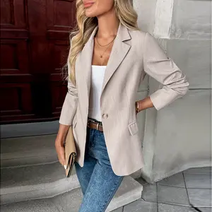 Women's Beige Business Casual Blazer Solid Color Work Jacket Lightweight Office Coat with Button Detail for Professional Spring Fall Outfits Chic Piece Collared Fitted Long Sleeve Minimalist Suits