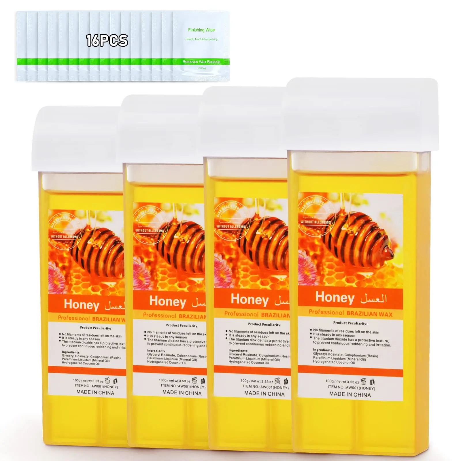 Roll-On Wax Cartridge Refill, Honey Body Wax Roller, 4 PCS Depilatory Waxing for Legs Arms & Body Hair Removal , Natural Gentle Blend Formula, Dermatologically Tested Easy to Use