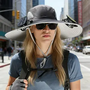 Men Women Wide Brim Sun Hats with 2 Solar Fan Waterproof Breathable Bucket Hat Outdoor Fishing Hat for Hiking Camping