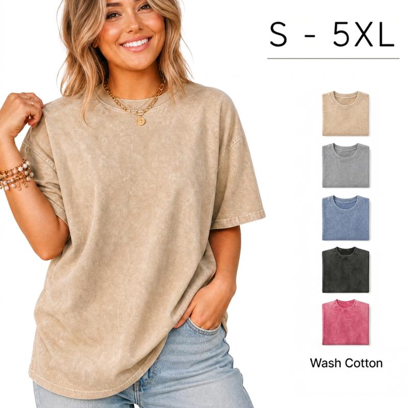 Women's Vintage Washed Oversized Crewneck T-Shirt - Retro Streetwear, Solid Color, Short Sleeve, Loose Casual Tops, S-5XL