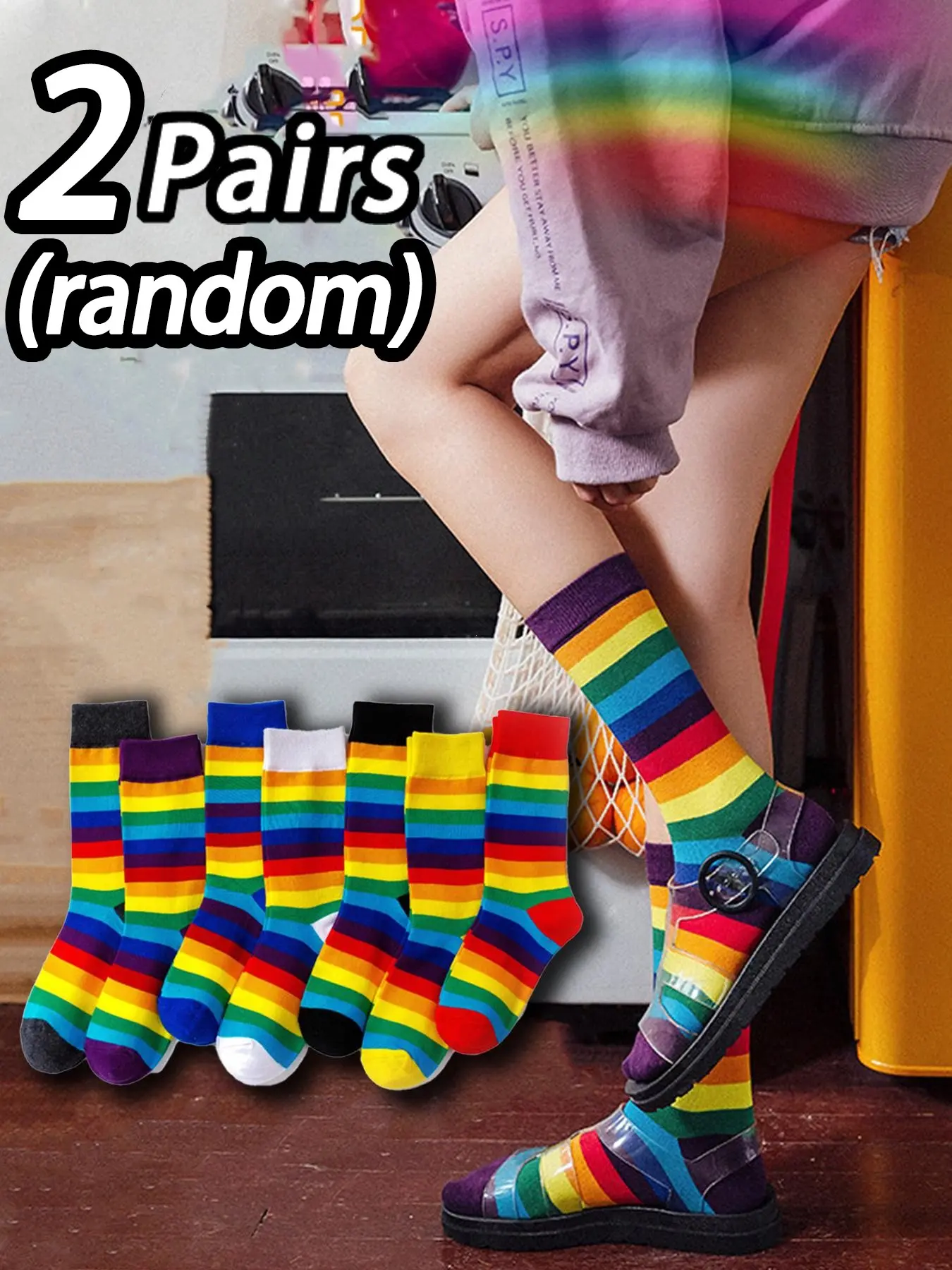 Women's Rainbow Striped Mid-Calf Socks, Fashion Street Style, Colorblock Long Socks, Candy Color Couple Socks, Fall Winter, Casual Stylish Socks
