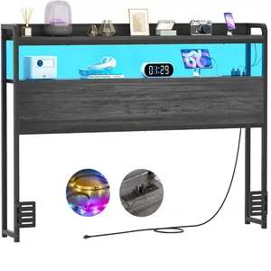 Headboard for Full Size Bed Frame, Headboards with Outlets, USB Ports and LED Light, Head Board with Storage, Height Adjustable king  size  bed  frame