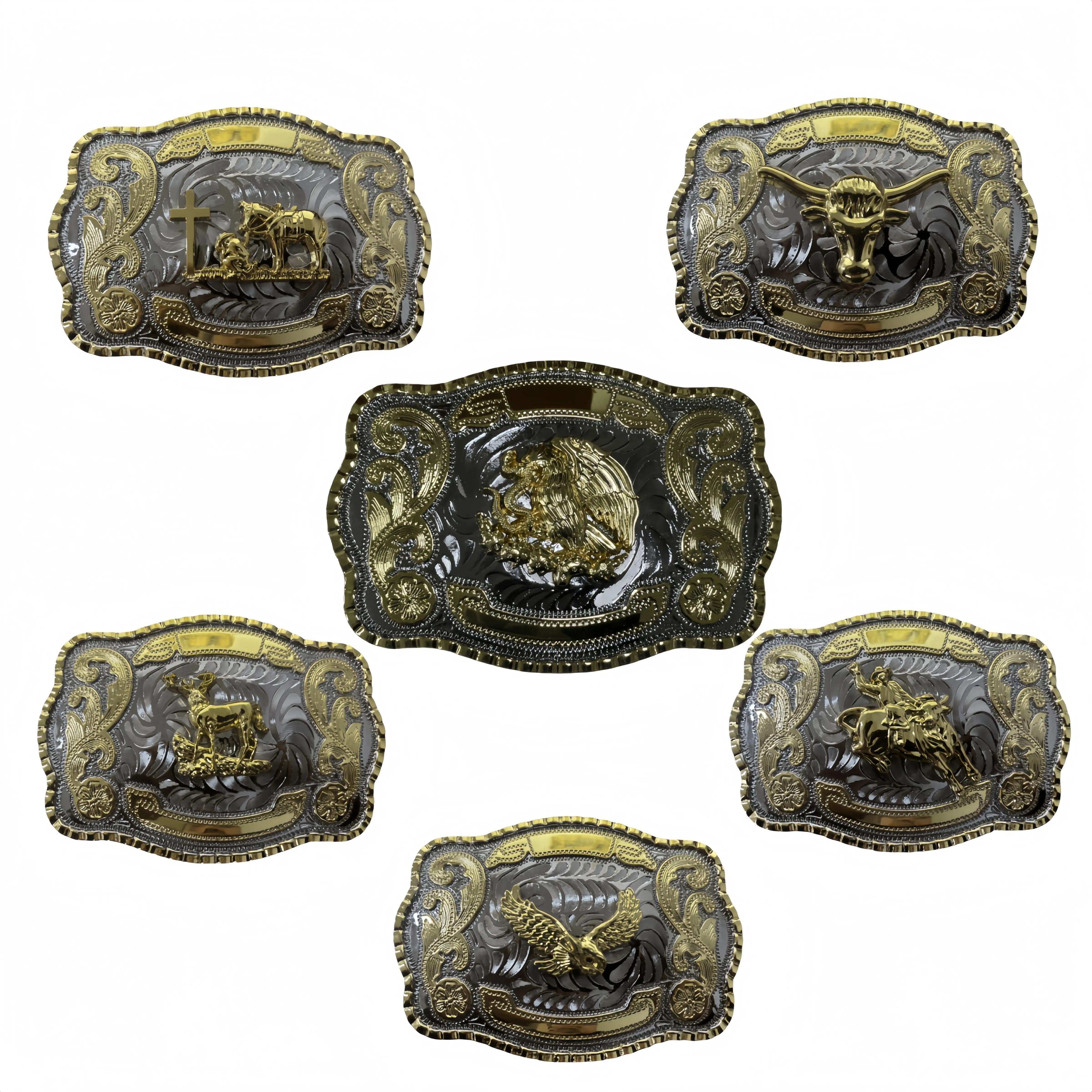 Large Gold-Tone Western Buckle Decorated with Praying Cowboy, Cross Motif, Mexican Eagle Design - For Western Style Belts, Expressing Religious Faith, Enhancing Appeal