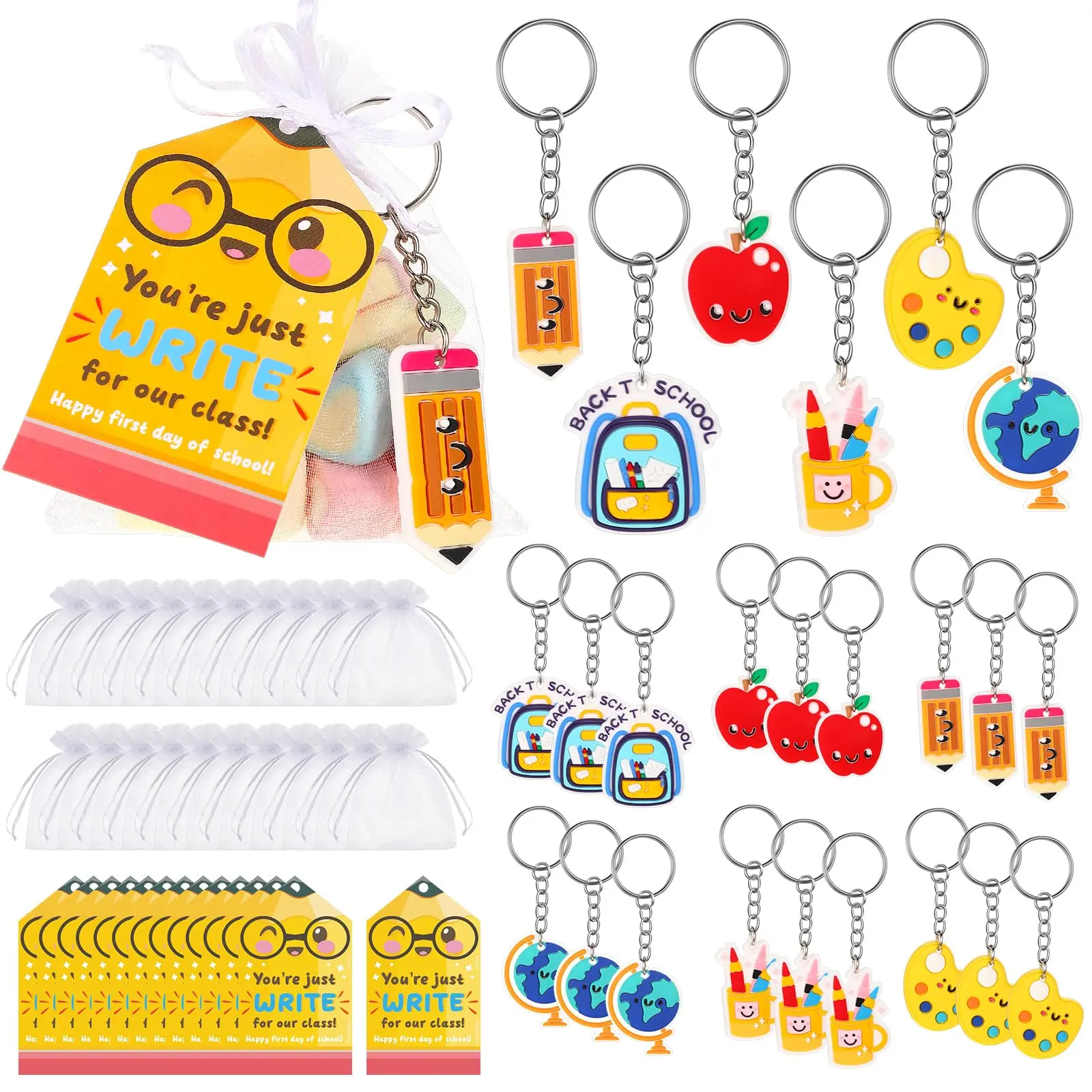 Gejoy 24 Set Back to School Keychain Gift Bags Sets Classroom Party Favors for Students First Day of School Keychain Gift Set with Tags Organza Bags 4th of July Gifts Idea Classroom Reward Gifts Idea School Party Goodie Bag Stuffers