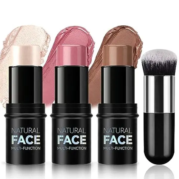 NewBang 3 Pcs Cream Blush Contour Highlighter Stick for Cheeks Eyes Lips Lightweight Dewy Finish Blush Stick Waterproof Long Lasting Contour Stick Trio Wand Face Makeup Set for Girls and Women (2+5+6)
