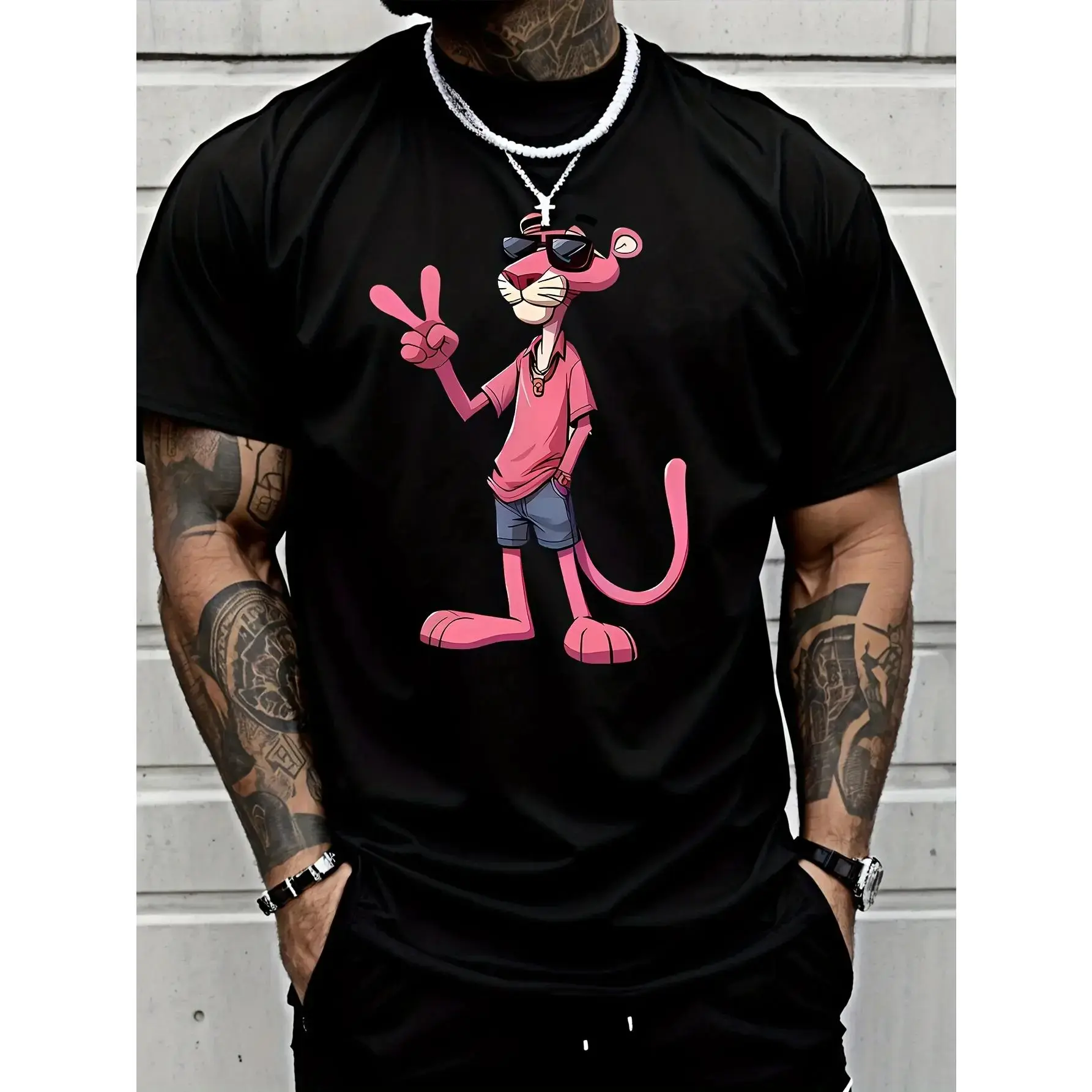 [Playful Pink Panther Tee] Print Casual Short Sleeve Sports  T-Shirt - Olive Green Round Neck, Lightweight Breathable Fabric, Stylish Cartoon Design Summer Wear