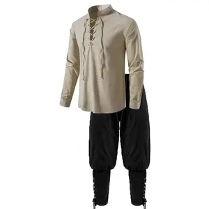 2Pcs Men's Medieval Knight Costume Set Renaissance Cosplay Pirate Shirts Ankle Banded Pants Halloween Cotton Linen Menswear Clothes Hoodie Casual Gamis Beige Plain White Brown