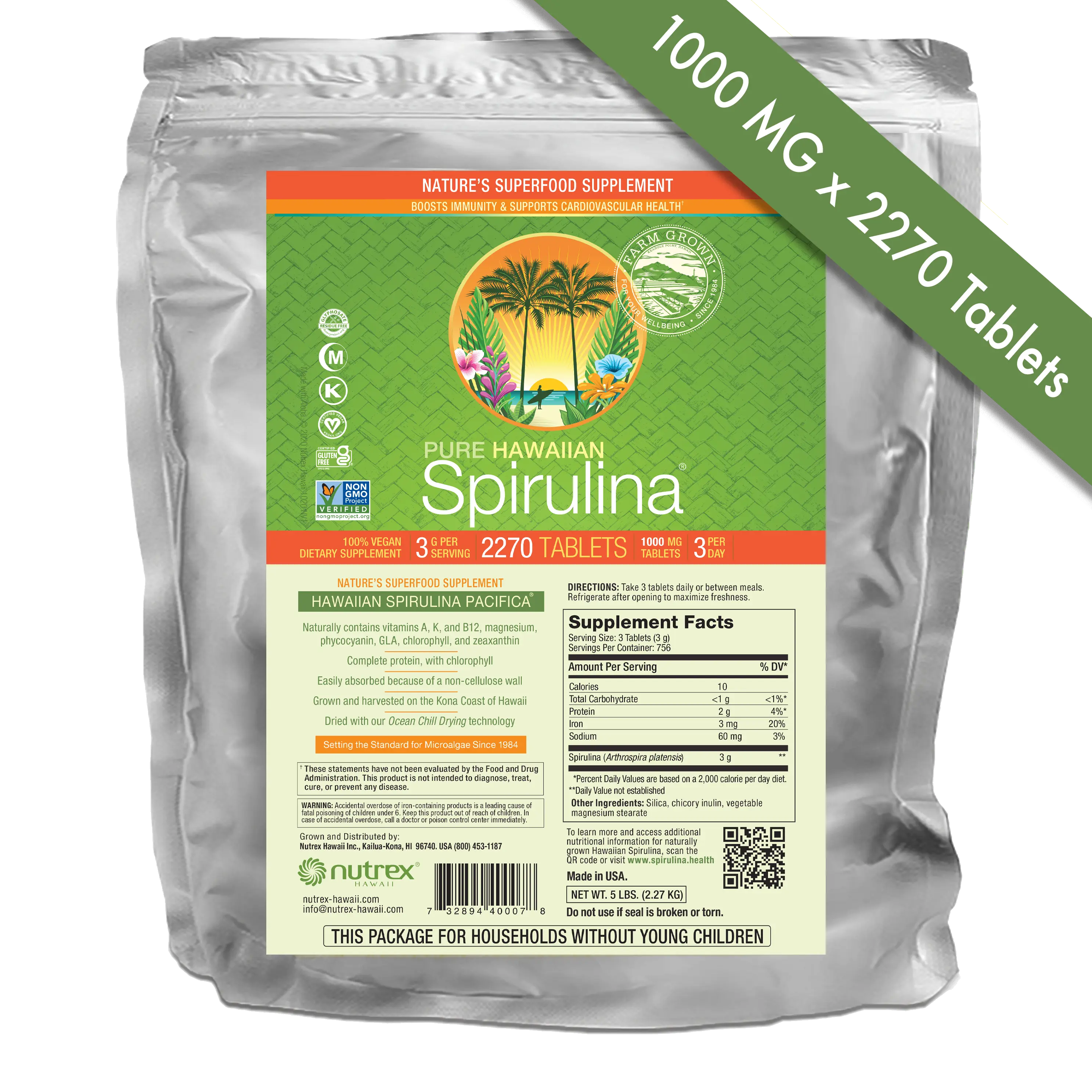 Hawaiian Spirulina 3 A Day 1000mg Tablets - 5lb Bag Healthcare Fitness