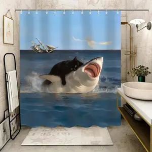 Shark Cat Pattern Shower Curtain, Waterproof Shower Curtain with 12pcs Hooks, Bathroom Decor Supplies for Home, Hotel, Apartment, Dorm, Spa, Bathroom Decoration Accessories, Shower Curtain Liner