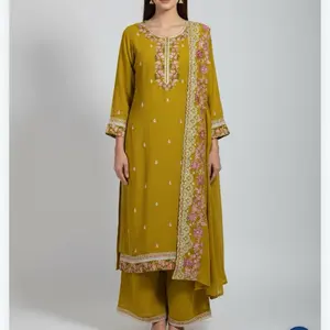 Multicolor Thread work soft comfortable kurta set - Elegant Mustard Yellow Embroidered Kurta Set for Women