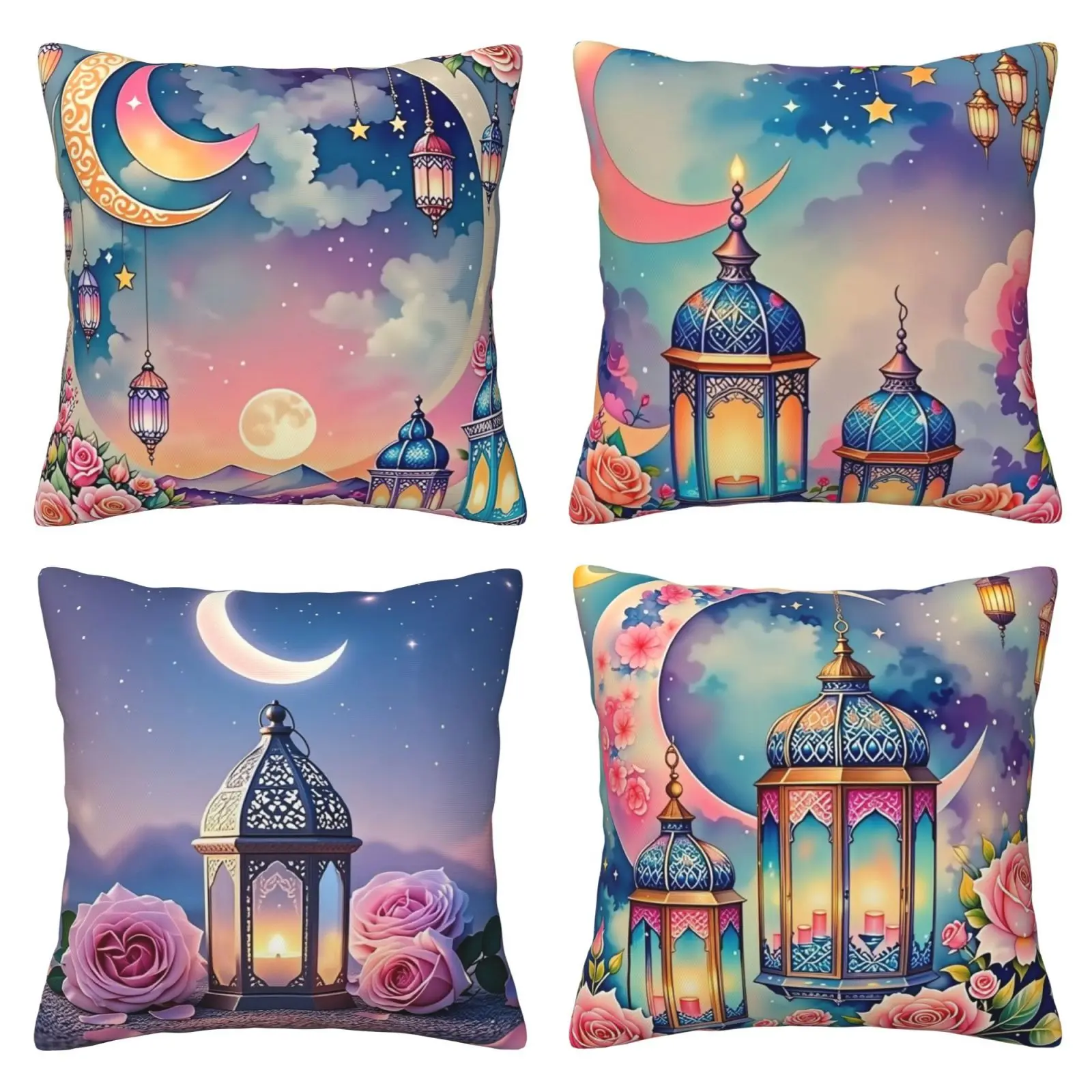 Square Ramadan Karim Pillow Set, Ramadan Pillowcase, Cushion Cover, Suitable for Sofa, Bedroom, Living Room, Car, Decorative Pillowcase, 4-piece Set with Double sided Printing