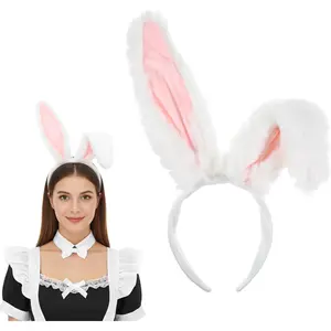 Bunny Ears Headband, Cute Plush White  Ear Headband Bendable  Ears Hairband Furry Rabbits  Costume Accessories for Adult Women Halloween Easter Bunny Costume