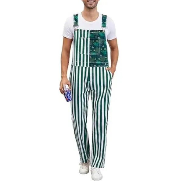 Yuanbang Men's Fitted Stretch Denim Football Season Bib Overalls, Chic Green Stripes Print Romper with Zip & Button Closures, Party Wear for St Patrick's Day Game Day Dad Gifts, Retro