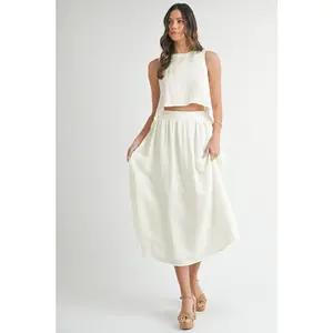 Two-Piece Casual-MABLE Wrinkled Round Neck Swing Top and Skirt Set -100% Polyester Lining - Clothes Casual Womenswear Fit Clothes Casual