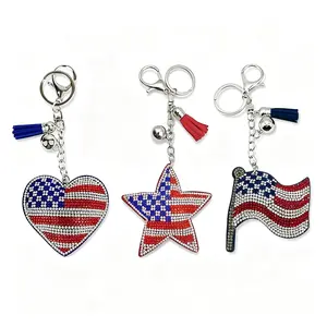 2026 America 250 4th of July Rhinestone Keychains Bulk Patriotic American Flag Heart Star Bag Charms Tassel Key Ring Independence Day Party Decor Cheap Gifts