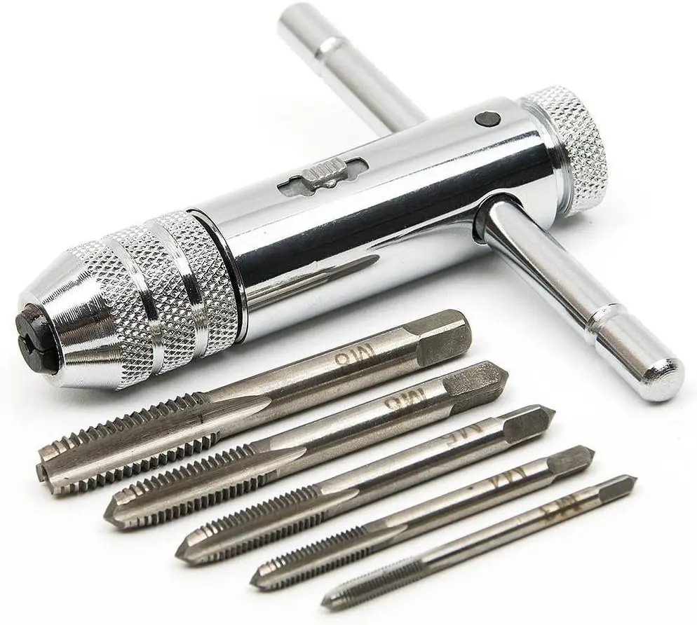 Adjustable Silver T-Handle Ratchet Tap Holder Wrench with 5pcs M3-M8 3mm-8mm Machine Screw Thread Metric Plug T-shaped Tap
