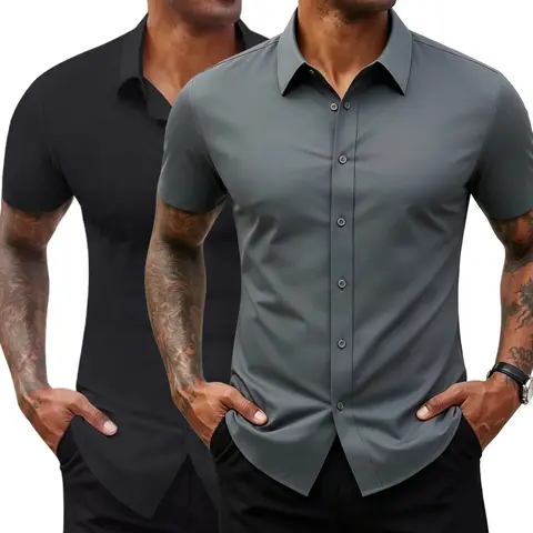 2-pack — Summer men’s solid-color short-sleeve dress shirts, wrinkle-resistant, slim fit, casual business style, Father’s Day gift, menswear