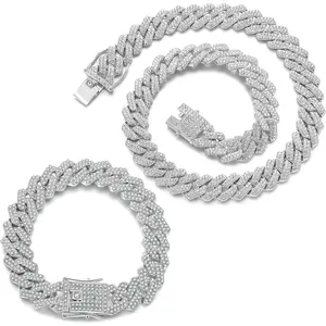 2 Pieces Cuban Link Chain Mens Iced Out Miami Cuban Necklace and Bracelet Silver Bling Diamond Hip Hop Jewelry for Men and Women-