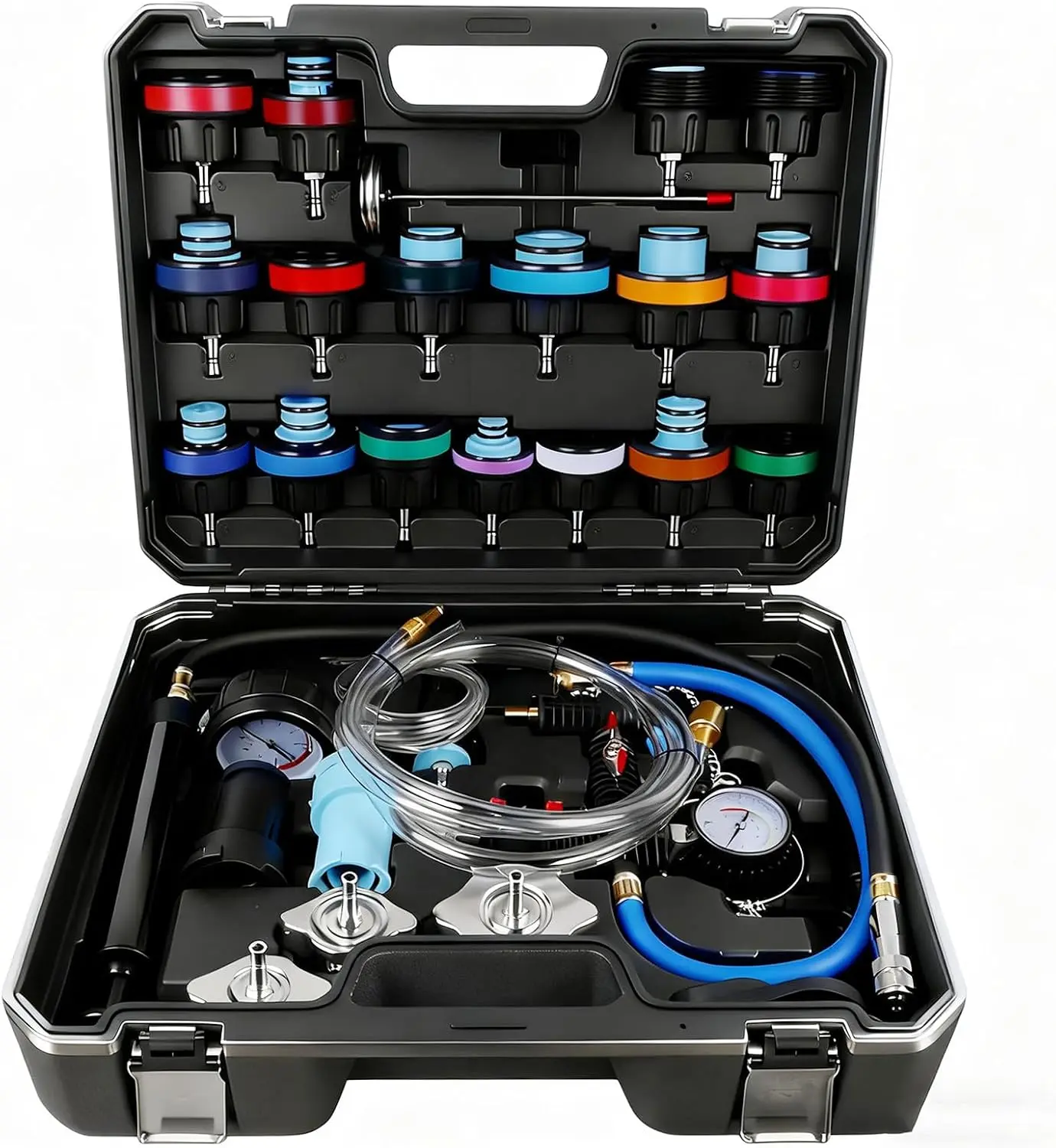 32pcs Universal Radiator Pressure Tester Kit - Pneumatic Vacuum Cooling System Purge Refill Leak Detector & Refiller Set for Automotive Domestic/Import Vehicles, Motorcycle Repair, Pressure Gauge, All-In-One