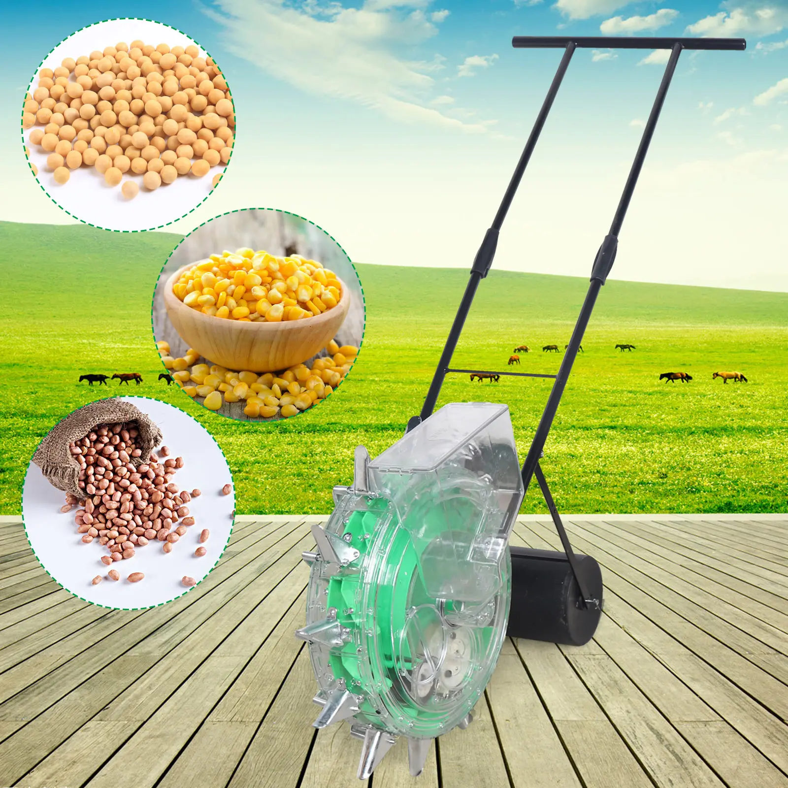 Hand-Push Garden Seeder, Adjustable 1-3 Seeds & 2.36-6.3in Depth, Suitable for Corn, Soybean, Peanut Planting on Mountains & in Greenhouses/Arid Areas, Includes English Installation Diagram, 10.4kg Weight