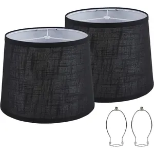 Black Bedside Lamp Shades Set of 2 Replacement, Fabric Medium Lampshades 13" Top x 11" Bottom x 10" High, Drum Shades, Harp Holder Included