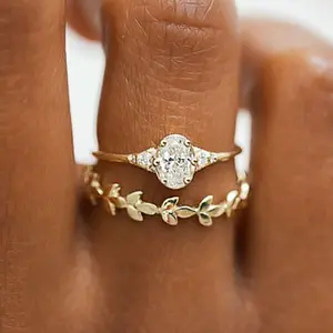 14K Gold Plated Oval CZ Ring Set |   Dainty Leaf Vine Stackable Rings for Women |   Everyday Bridal Jewelry- dainty gold rings, stackable wedding band, oval engagement ring, nature inspired jewelry, wheat ring
