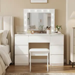 White Makeup Vanity Desk with Lighted Mirror - 3 Color Modes, 8 Storage Drawers, Cabinet and Chair, Modern Dresser for Bedroom, Vanity With Lights, Modern Vanity Table
