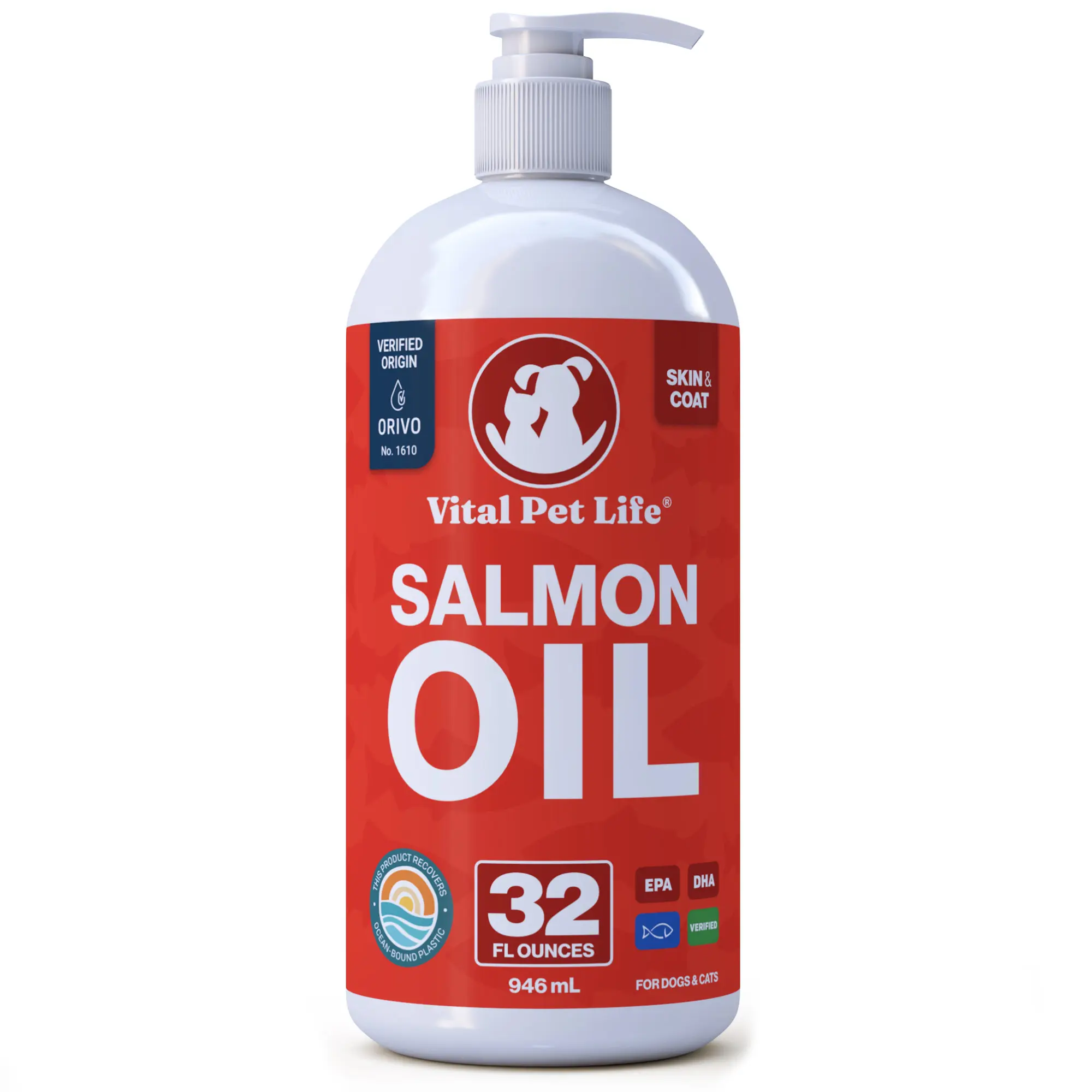 Salmon Oil for Dogs & Cats - Healthy Skin & Coat, Soft Shiny Glossy Coat, Fish Oil Omega 3 EPA DHA, Immune System & Heart Function Support, Normal Shedding, Liquid Supplement for Pets, 32 oz