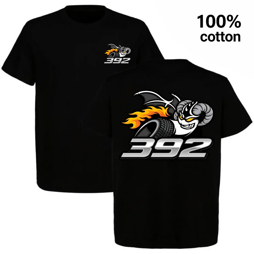 392 Hemi Muscle Car T-Shirt - Flaming Demon Wing Tire Logo, 100% Cotton, Streetwear, Dodge/Chrysler Fan Tee