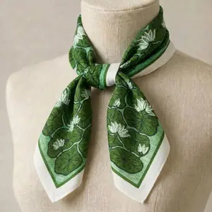 [Ship From US] Botanical Lily Pad Bandana – Book Inspired Green & White Cotton Head Scarf, Cottagecore Floral Hair Wrap, Nature Lover Accessory