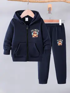 Boys 2-Piece Fall & Winter Hooded Zip-Up Sweatshirt and Warm Pants Set, Cartoon Graphic Design for Outdoor Sports & Casual Wear