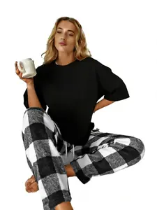 Women's 2-Piece Pajama Set, Black Oversized Short Sleeve Top & Brown Plaid Fleece Pants, Soft Loungewear For Home & Sleep