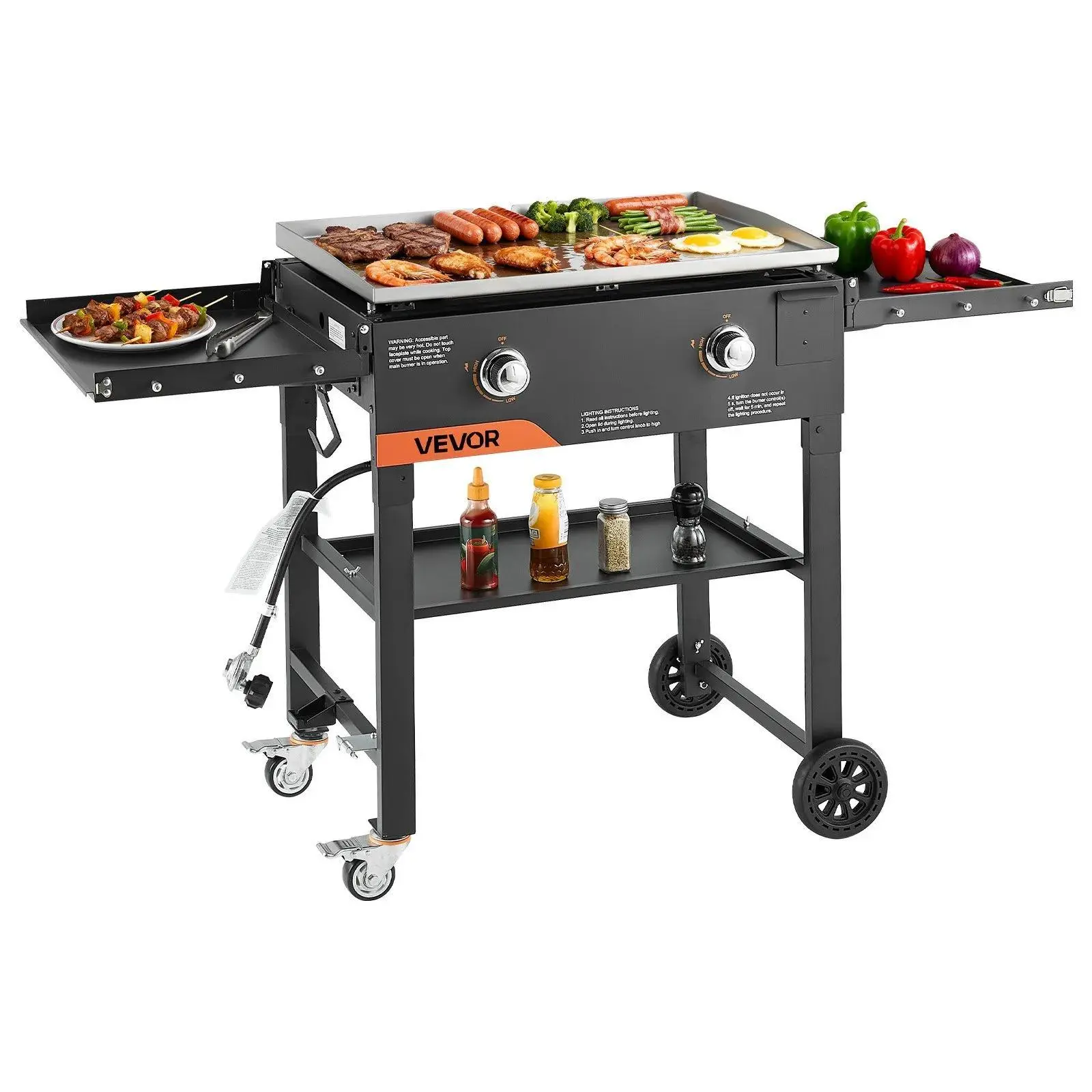 【summerfinds】VEVOR Gas Griddle, 2-Burner Flat Top Grill, 28 inch Grill Plate Foldable Propane Griddle with Wheels, 30000 BTU Outdoor Flat Top Grills for Pan-Frying, Grilling, Stir-Frying, & BBQ, Pulse Ignition