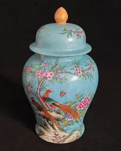 10.2" Decorative Ginger Jar with Floral and Bird Design Blue Ceramic Storage Container