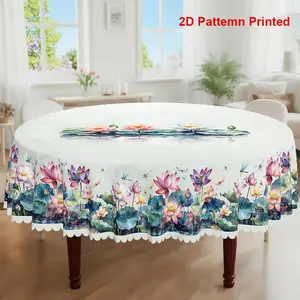 1pc, Spring Summer Themed Party Tablecloth, Dragonfly Lotus Floral Printed Design, Rectangular/Round/Oval Table Cloth, Embossed Edges, Suitable For Picnic Dinner Kitchen Dining Room Decoration
