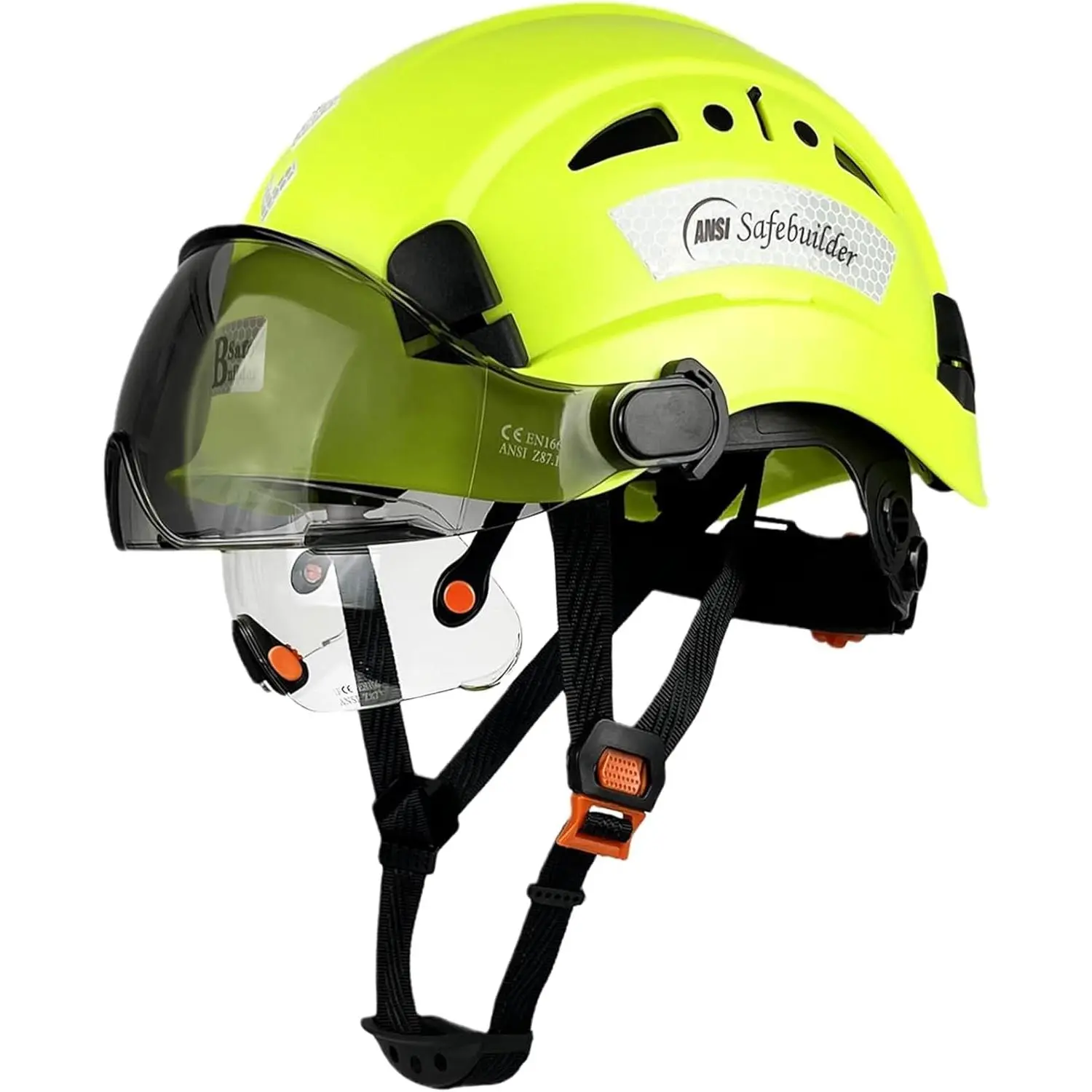 Vented ABS Hard Hat with New Hard Hat Design, 6-Point Suspension, Dual Adjustable Face Shields, Integrated Visor, Visor Strap, 53–63Cm Size Adjustment, All-Season Safety Gear for DIY Projects, Gardening