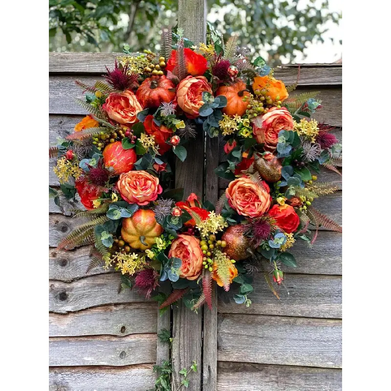 Harvest Theme Synthetic Fall Peony & Pumpkin Faux Floral Wreath - Halloween Wreath, Indoor Outdoor Home Decor, Ideal for Friend Gifting, Festive Autumn Door Ornament