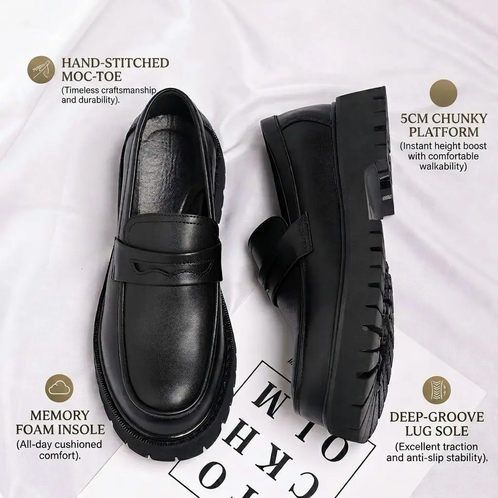 Men's Plus Size Leather Penny Loafers - Breathable Rubber Ankle Footwear, Antislip Lug Sole, Chunky Platform, Classic Round Toe Formal Slip-Ons, for Business Casual Work & Holiday Wear, Flat, Antislip Sole, Pu, Tassel, Us 10/Cn 44