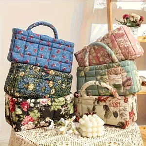 Vintage Floral Print Quilted Storage Basket, Foldable Snack Basket, Laundry Basket, Bathroom Organizer, Bedroom Essentials, Large Capacity