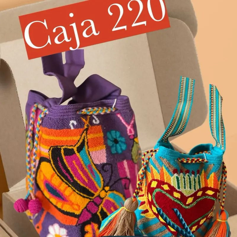 Box with a combo of two original large size Wayuu cross body bags, Choose from the available models our beautiful 11" tall cross body bags with a round bas and one coin purse.