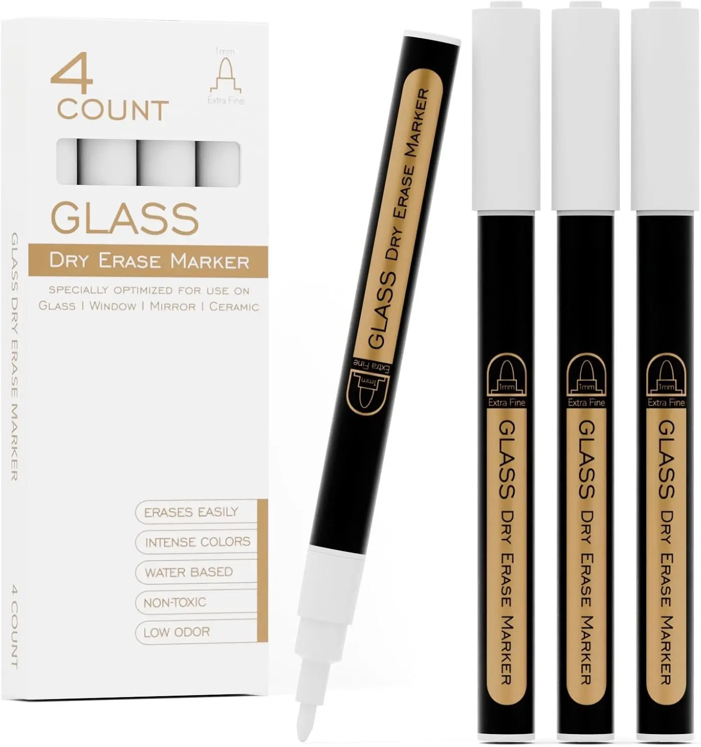 Dry Erase Markers for Glass Board | No  | Whiteboard Markers | 1mm Ultra-Fine Tip Liquid Chalk Markers 4 Pack (White)