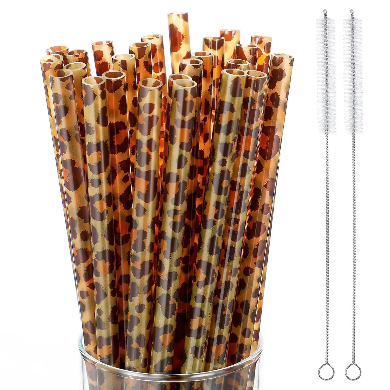 10/20/30 Pack Leopard Print Iced Coffee Straws, 9 Inch Straws with Cleaning Brush, Easy to Clean Trendy Straws for Home Coffee Bar, Kitchen, Office, Car, Smoothies & Party Drinks