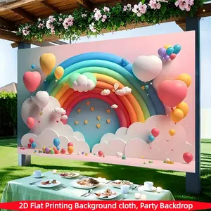 Rainbow balloon birthday backdrop banner,made of polyester fabric,featuring colorful rainbow clouds and sky-themed balloon designs for a joyful photo backdrop. Suitable for photo booths, parties, birthdays, celebrations,and indoor/outdoor family birthday