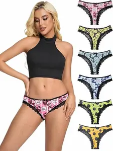 6-Pack Gothic Thong Panties, Skull & Rose Print, Lace Trim, Sexy Alt Underwear, Low Rise Emo T-Back Briefs, Comfortable Fit