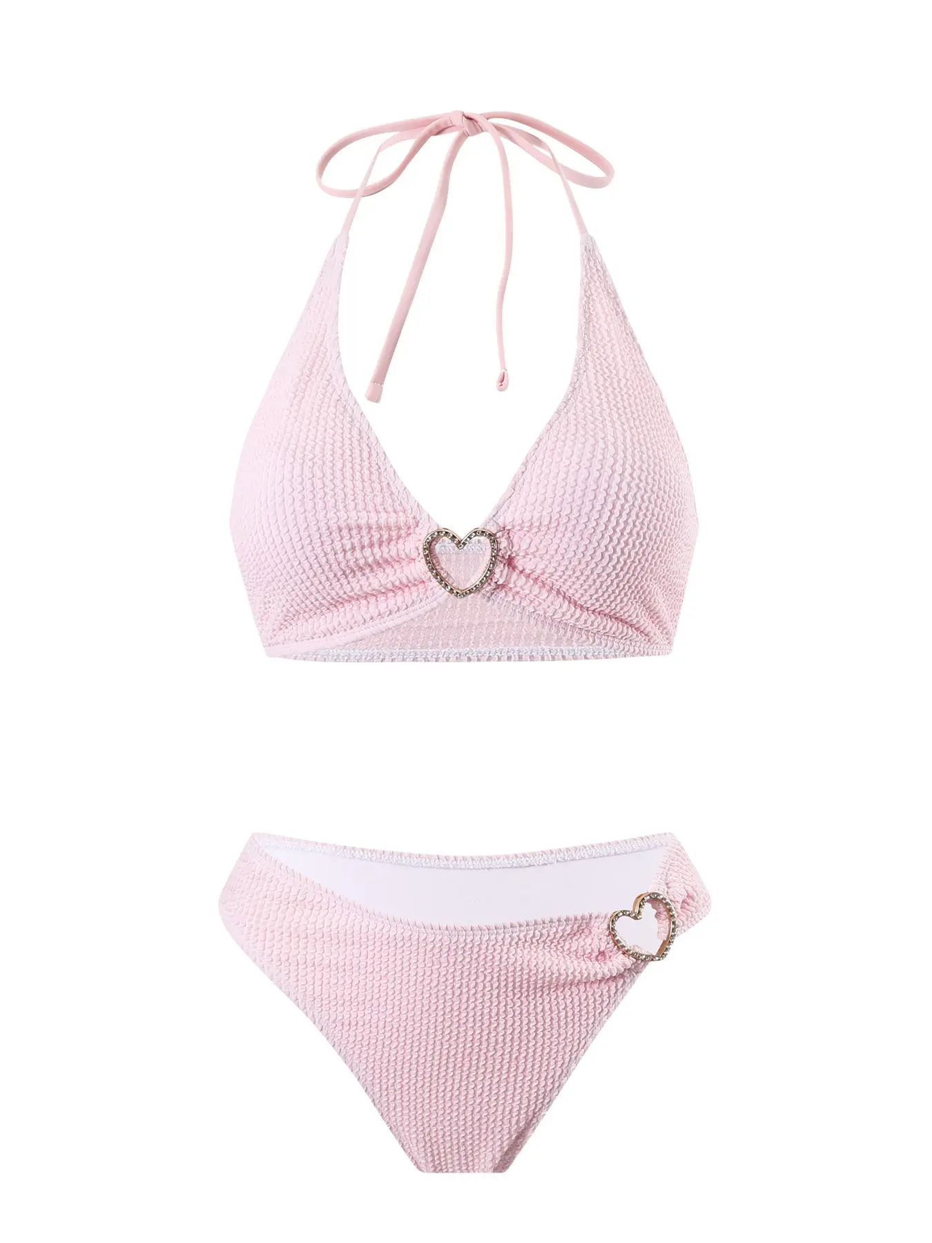 Women's Heart Decor Bikini Set, Solid Color Tie Shoulder Bikini Top & Swim Knicker, Fashion Chic Ladies Bathing Suit for Summer Bikini Beach Holiday Vacation, Bikini Swimsuit Set
