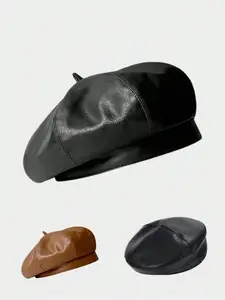 Women's PU Leather Beret Hat, Casual Fitted Painter Cap for Winter All Seasons, Stylish British Style Pumpkin Hat for Daily Wear, Adjustable Stylish Hat