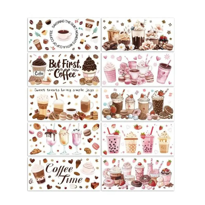 UV DTF Cup Wraps Transfer Stickers Drinks Pattern, 10 Sheets Waterproof Custom Vinyl Transfer Sticker 16oz Coffee Glass Cup Tumbler Bottle Mug Decals for Men Women Stickers Kit