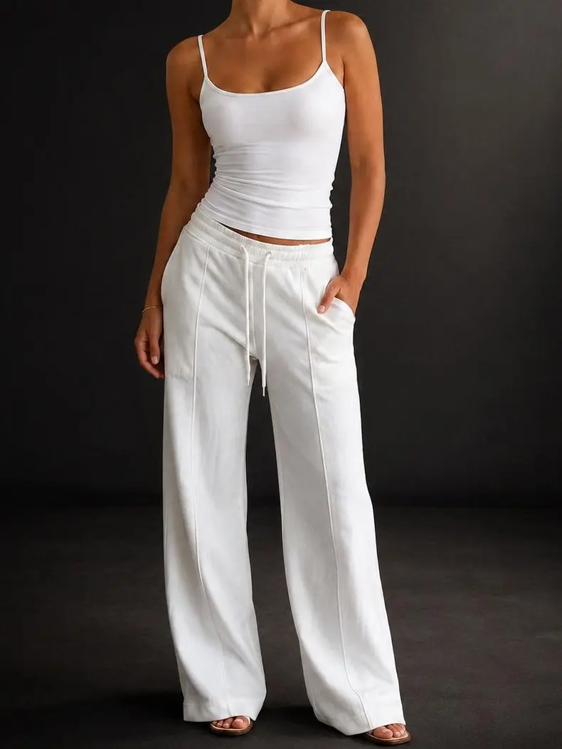 Women’s 2-Piece Plain Cotton Blend Lounge Set - Cami Tank Top & High Waist Wide Leg Pants, Soft Everyday Elongating/Off Duty Fit Casual Summer Loungewear